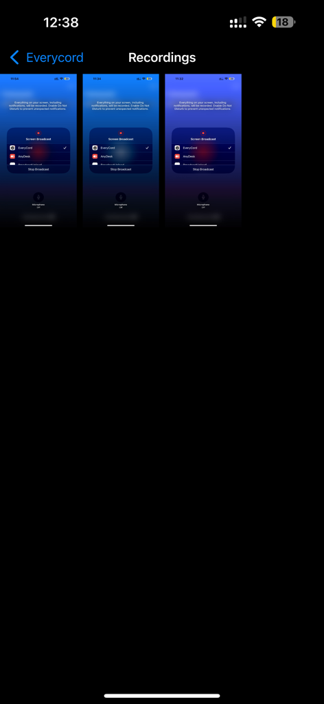 EveryCord app interface displaying a list of saved screen recordings