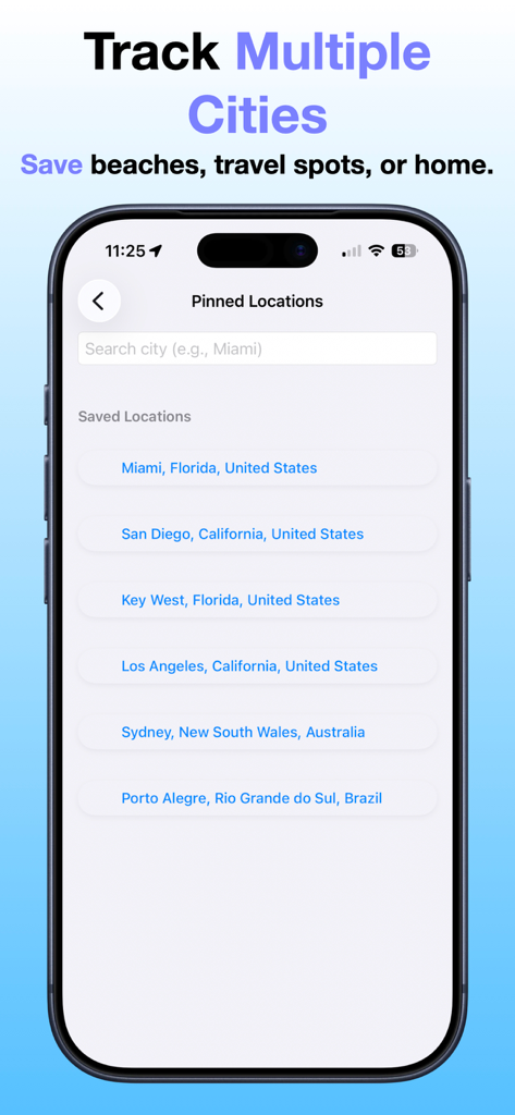 Screenshot of the UV Index Today app showing the Pinned Locations screen for tracking sun safety across multiple cities.