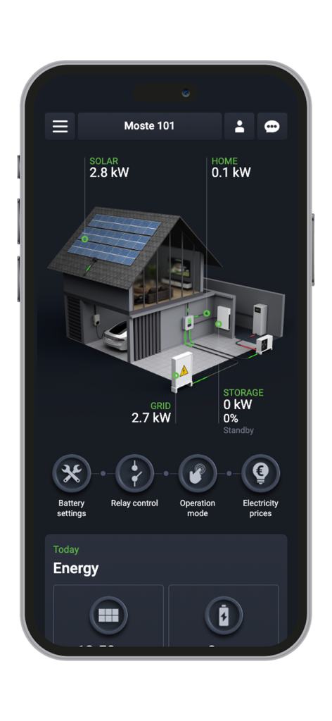 Smart Grid Connect - Interface do aplicativo Smart Grid Connect exibindo um modelo 3D de casa com dados em tempo real de energia solar e doméstica
