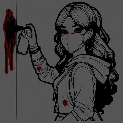 realistic girl with mask spray painting a wall