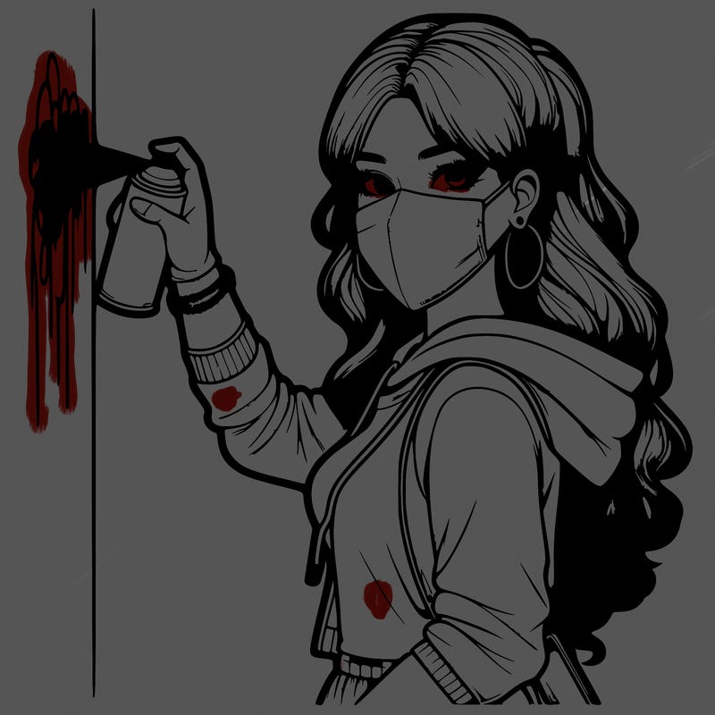 realistic girl with mask spray painting a wall