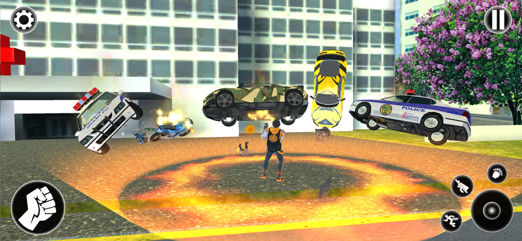 Spider Games Miami Rope Hero - Un personaje de superhéroe usando poderes especiales para lanzar coches en un entorno urbano