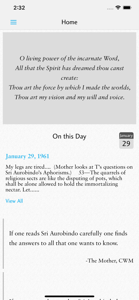 The Incarnate Word - The Incarnate Word app home screen displaying daily spiritual quotes and writings by Sri Aurobindo and The Mother.