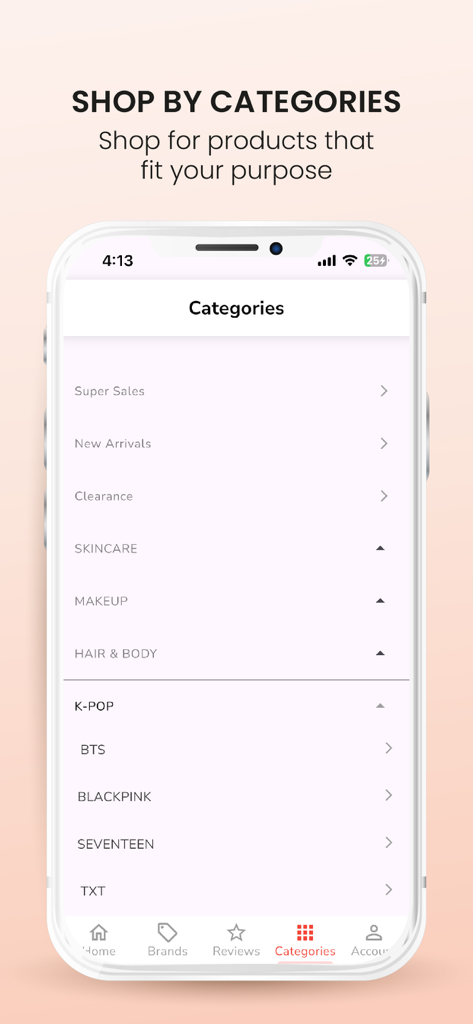 Mobile app screen showing shopping categories for K-Beauty products and K-Pop artists like BTS and BLACKPINK