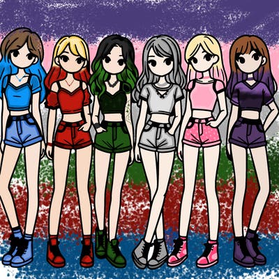 a group of girls wearing crop tops and shorts
