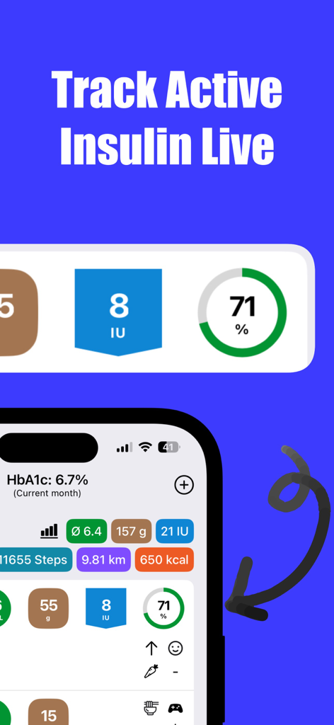 Diabetes Diary & Tracker Plus - Diabetes Diary app dashboard on iPhone showing live active insulin levels and health metrics