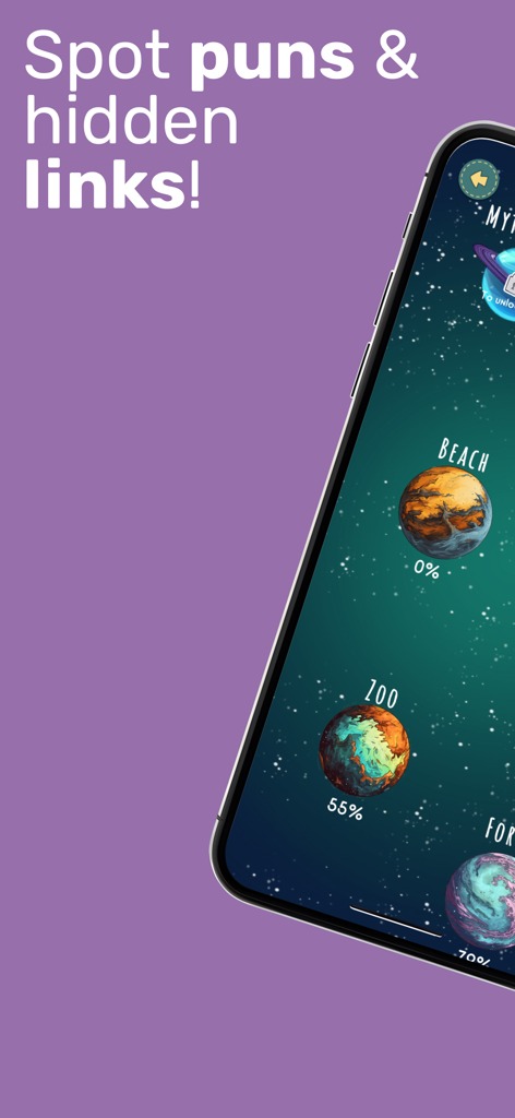 Worlds of Words - Pantalla de smartphone mostrando los niveles del juego Mundos de Palabras como planetas temáticos en el espacio