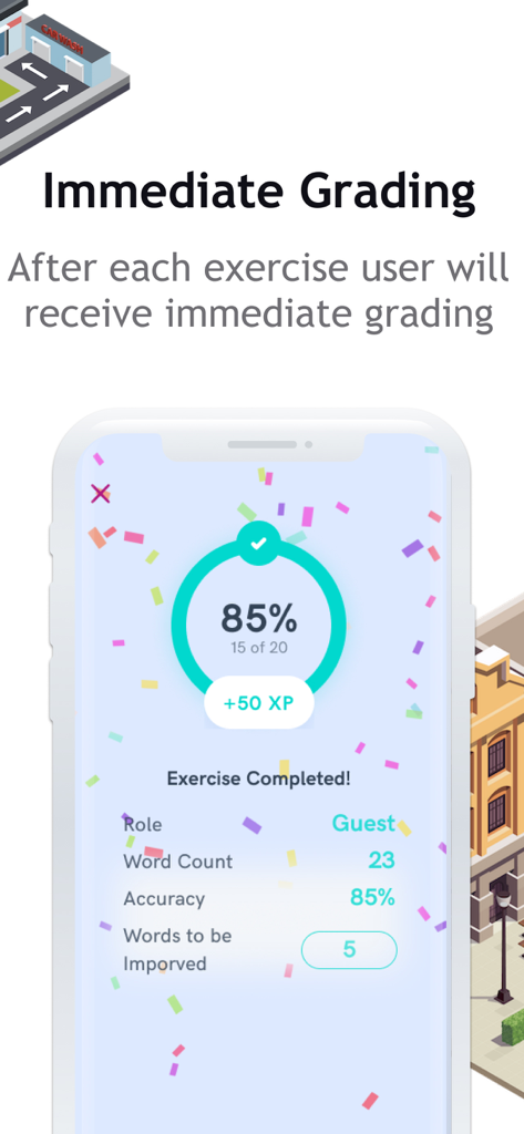 Lango School - Lango School app screen showing an 85 percent accuracy score and immediate grading after a language exercise