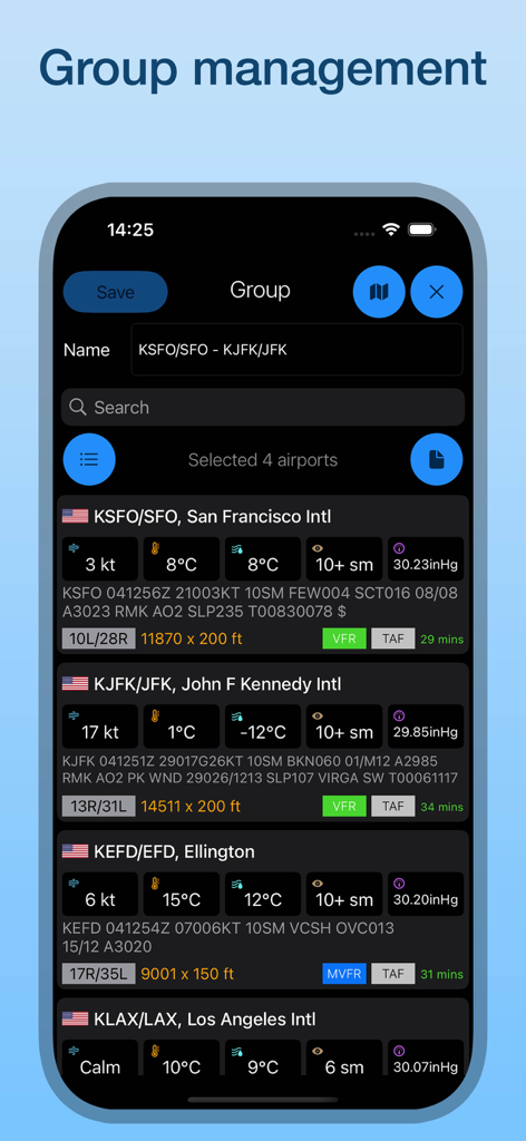 Group management screen showing METAR weather data and runway information for multiple airports in the WX Aviation Weather app.