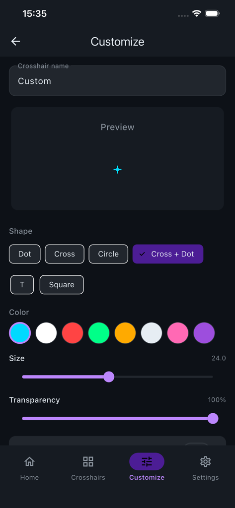 Crosshair Pro - Custom Scope - Écran de personnalisation dans Crosshair Pro montrant les options de forme, couleur, taille et transparence pour les réticules personnalisés.