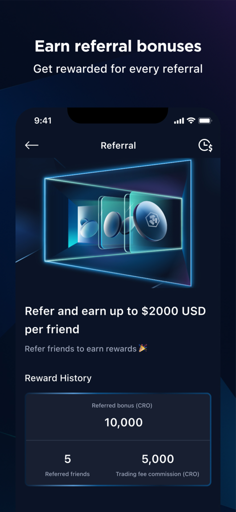 Crypto.com Exchange - Schermata del programma di referral di Crypto.com Exchange che mostra premi e numero di amici