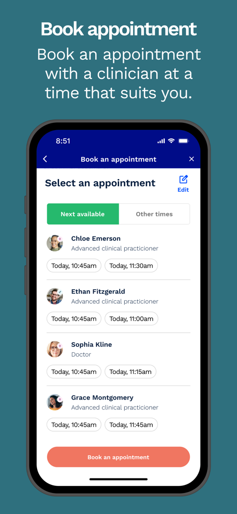 AXA Doctor At Hand - Interface de l'application AXA Docteur à portée de main montrant les cliniciens et les créneaux de rendez-vous disponibles pour la réservation
