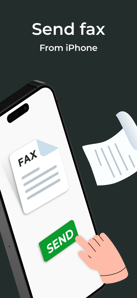 A hand tapping a green send button on an iPhone screen to send a digital fax document