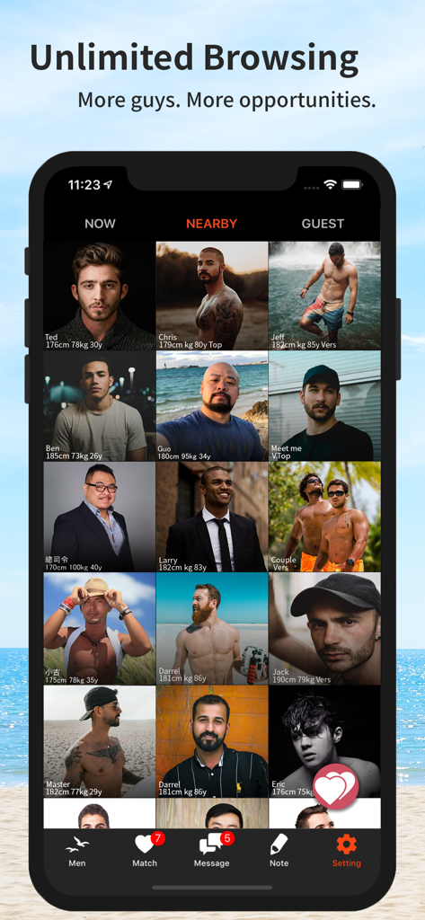Gsland - Gay Chat, Dating, Now - Gsland app interface displaying a grid of nearby male profiles for gay dating.