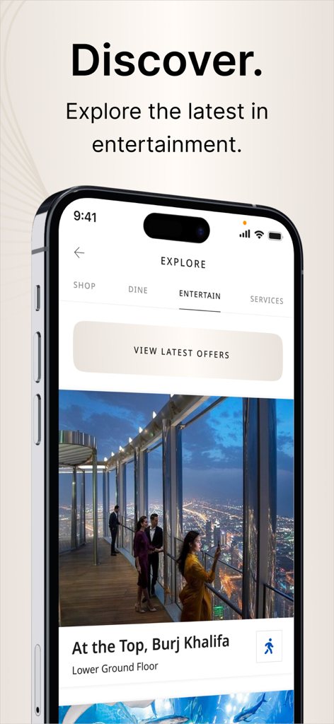 엔터테인먼트 옵션 및 부르즈 할리파 정보를 표시하는 두바이 몰 앱 인터페이스
