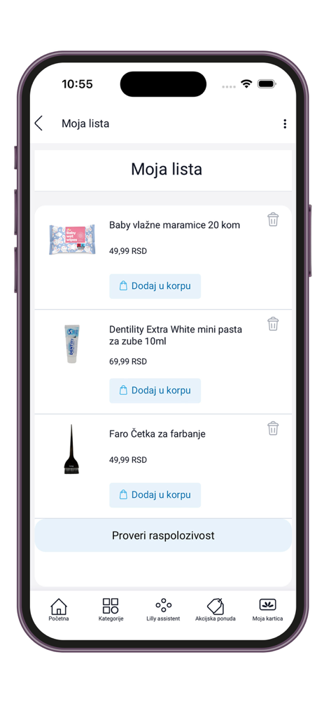 Lilly Drogerie app My List interface showing saved health and beauty products with prices and add to cart buttons.