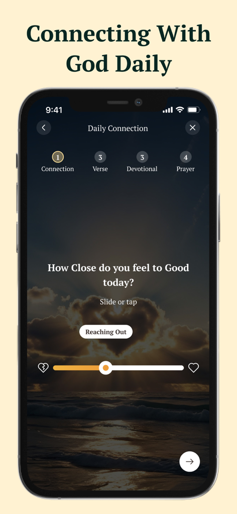 Path: Heaven bible Chat, Study - A mobile app interface titled Connecting With God Daily showing a spiritual reflection slider and progress steps for verse and prayer.