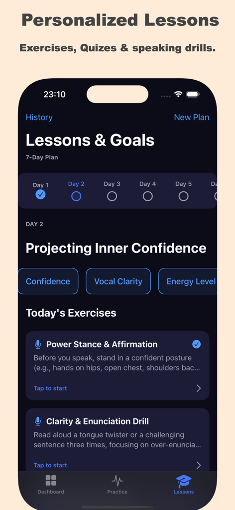 Public Speaking Coach app interface showing a 7 day personalized lesson plan with speaking drills and confidence exercises