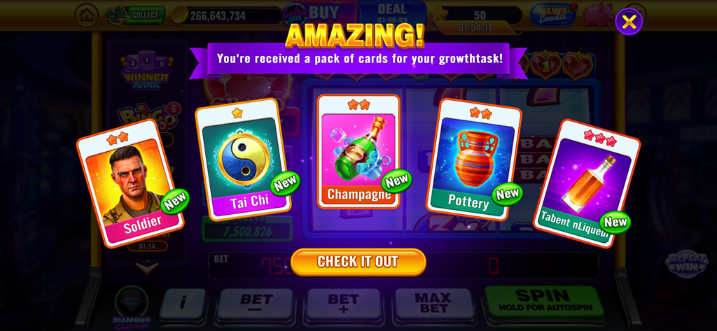 Double Rich！Vegas Casino Slots - Pantalla de recompensas de ¡Doble de Suerte! Slots de Casino mostrando cinco cartas coleccionables de un paquete de tarea de crecimiento.