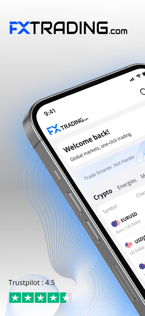 FXTRADING.com mobile app interface showing global markets and one-click trading options