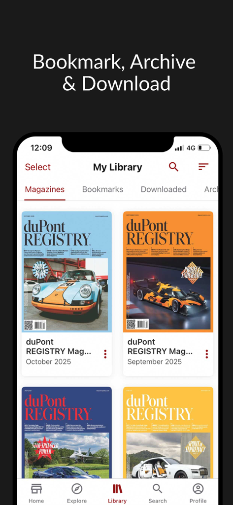 A digital library screen in the duPont REGISTRY Magazine app showing various issues of luxury car magazines
