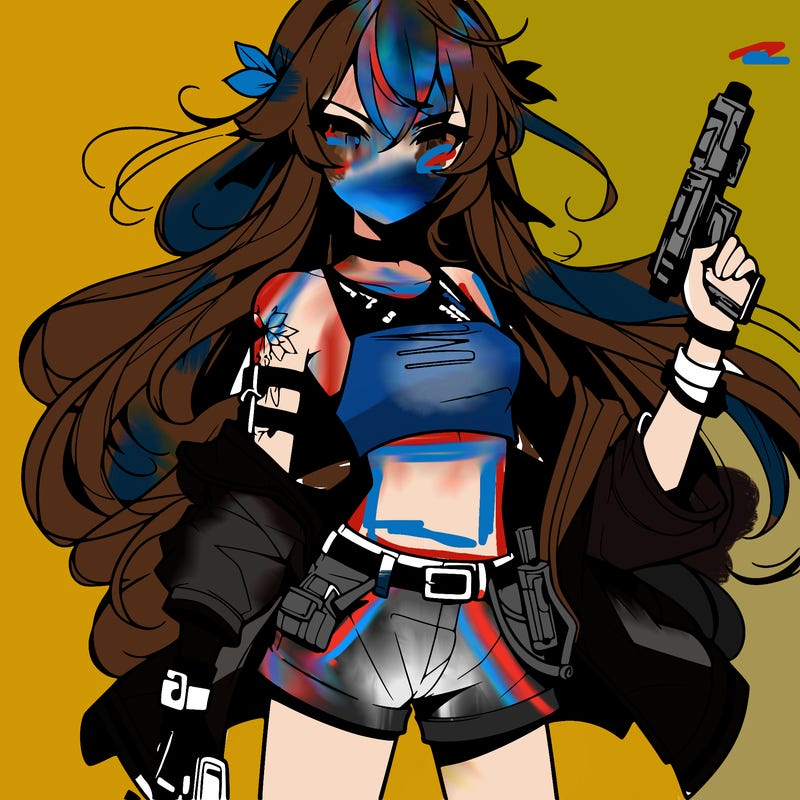 bad girl wearing crop top holding a gun long hair anime