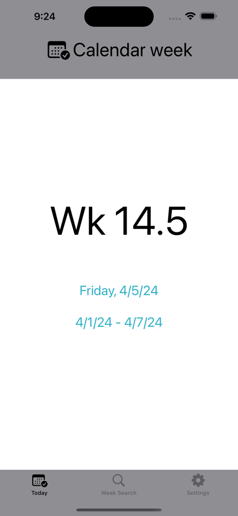 Week Number Pro app interface showing the current week number and date range on iPhone