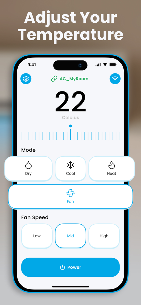 Schermata dell'app telecomando AC che mostra le impostazioni di temperatura e modalità
