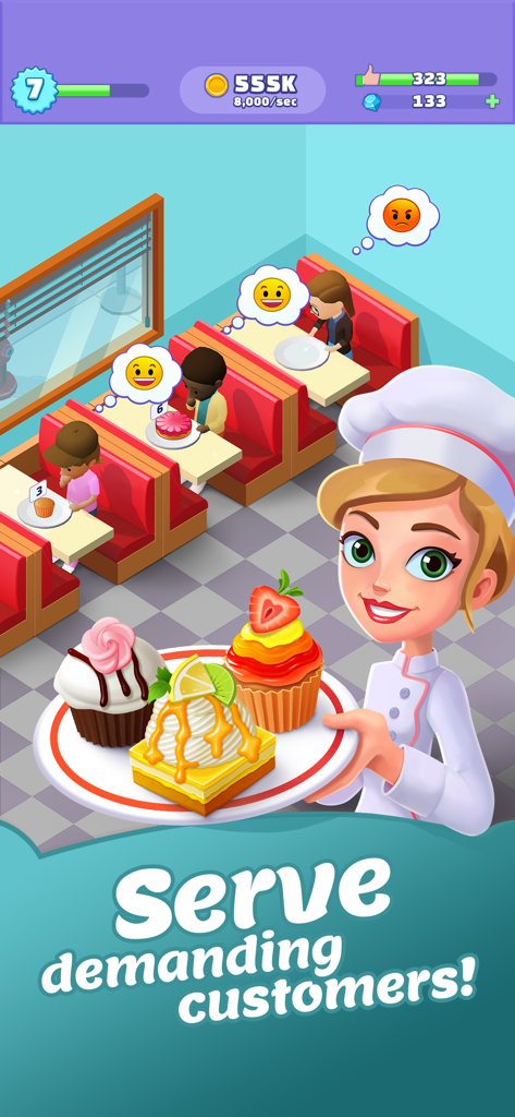 Merge Bakery - A smiling chef character holding a plate of colorful cakes and pastries in a bakery with customers at tables