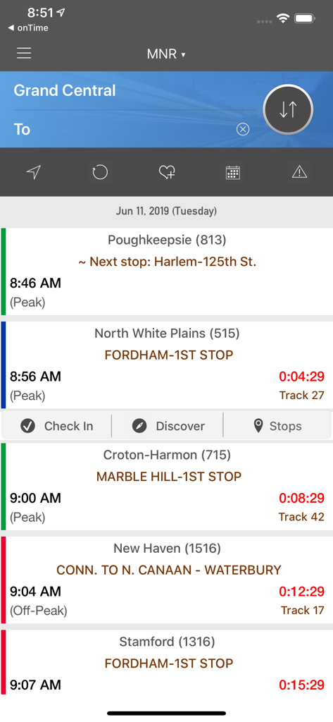onTime : MNR - MetroNorth Rail - Metro-North rail schedules from Grand Central Terminal showing train departure times countdowns and track numbers