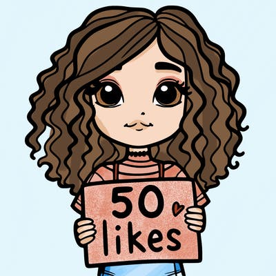 a girl with curly hair holding a sign saying 50 likes with a straight look on her face