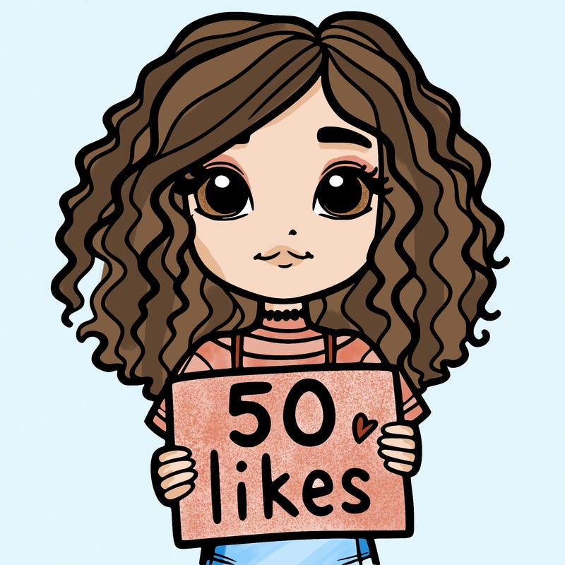 a girl with curly hair holding a sign saying 50 likes with a straight look on her face