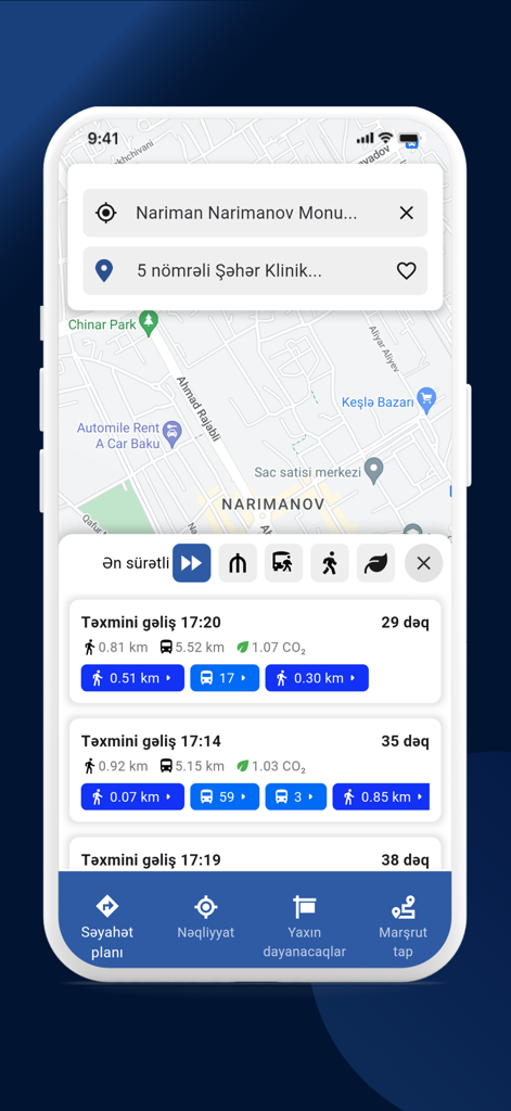 AYNA MaaS - Interfaz de la aplicación AYNA MaaS que muestra varias rutas de tránsito multimodal con mapa y ahorros de CO2