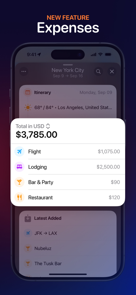 Tripsy travel planner app showing a detailed breakdown of trip expenses including flights and lodging.