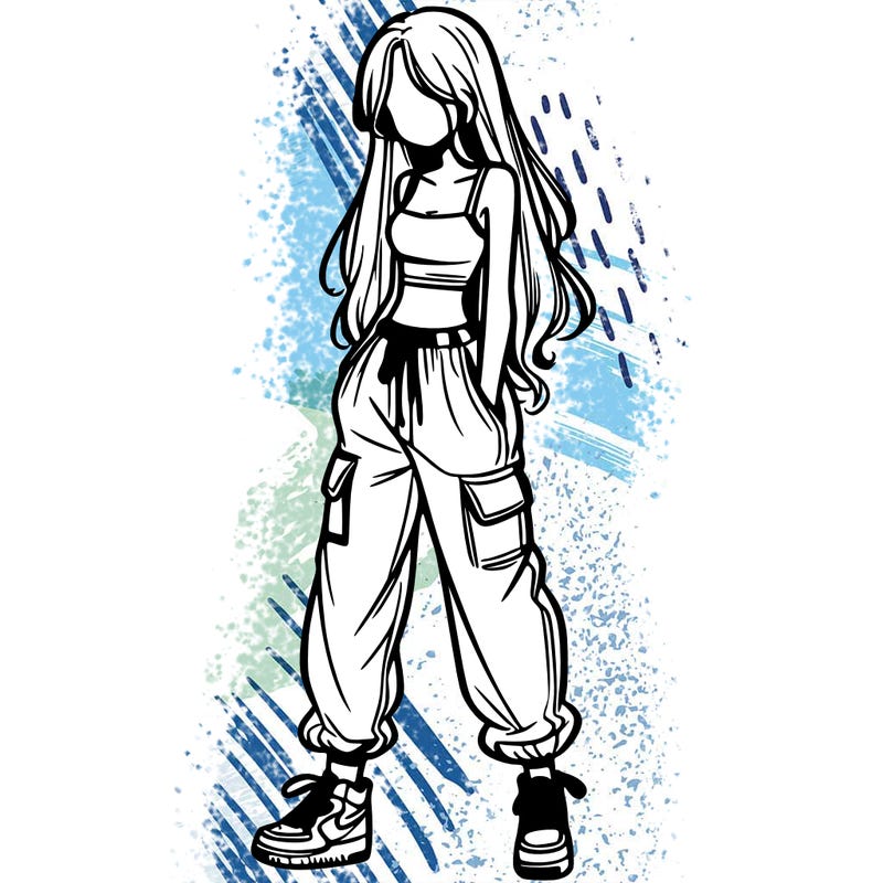 girl in baggy pants crop top and long hair