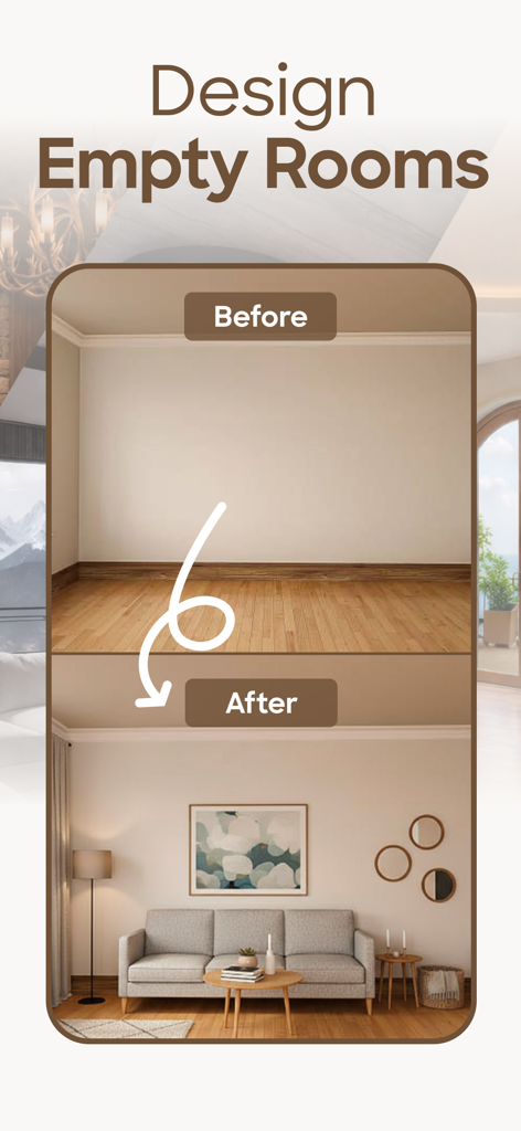 AI Interior Design - DesignIt - Comparación de antes y después de una habitación vacía transformada en un diseño interior moderno utilizando IA.