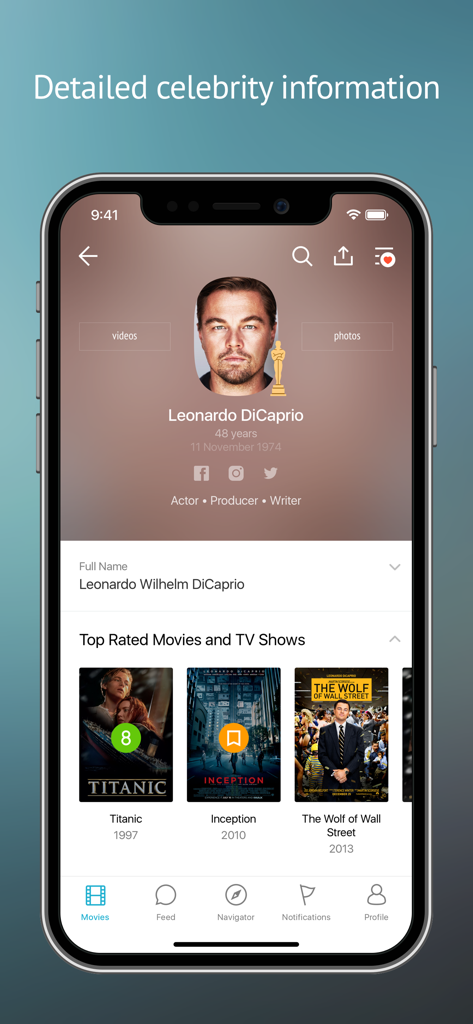 Kinorium: All movies and shows - Screenshot dell'app Kinorium che mostra informazioni dettagliate sulla celebrità Leonardo DiCaprio, inclusi i film con le valutazioni più alte.