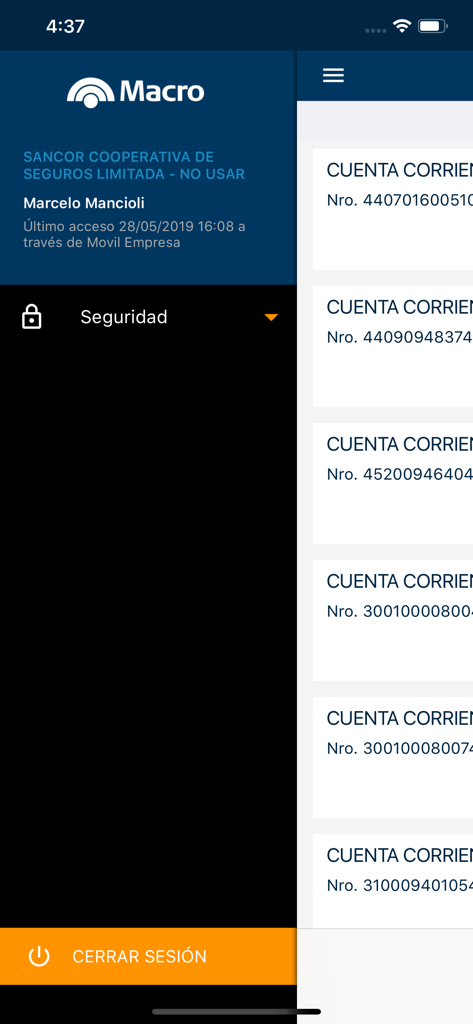 Interfaz de la aplicación Macro Empresas que muestra una lista de cuentas corrientes y un menú de navegación lateral para banca empresarial.
