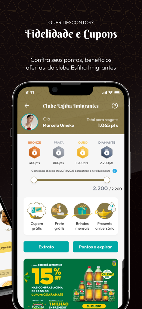 Esfiha Imigrantes - Uma interface de aplicativo móvel para um programa de fidelidade de restaurante mostrando pontos de recompensa, níveis de associação de bronze a diamante e benefícios disponíveis, como entrega gratuita e cupons.