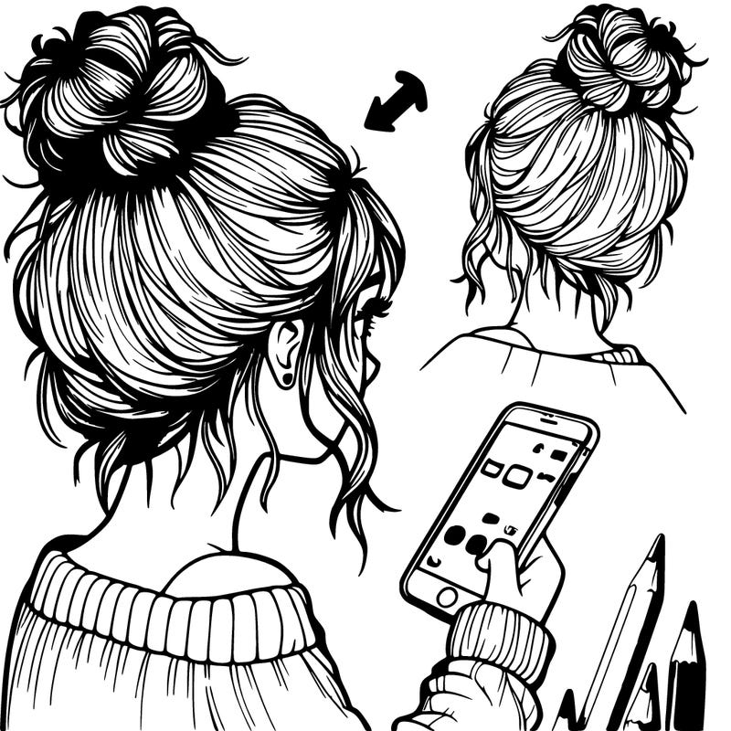 realistic girl with a messy bun and iphone