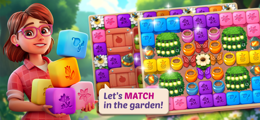 Lily’s Garden: Match & Design - 캐릭터 릴리가 매치 3 가든 퍼즐 보드 앞에서 다채로운 꽃 블록을 들고 있는 모습