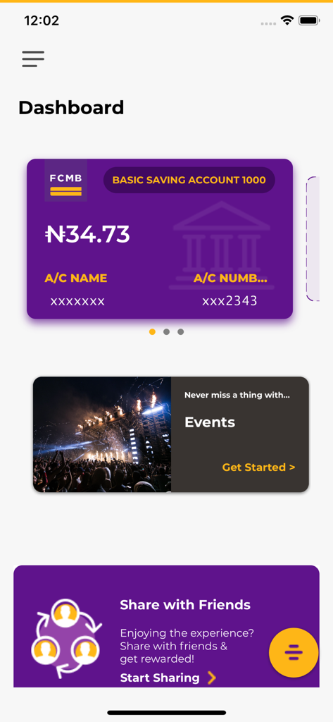 FCMB Mobile app dashboard showing a basic savings account with balance in Naira