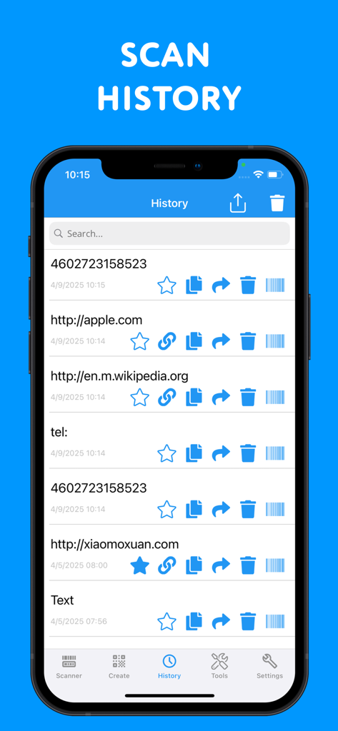 QR Code & 2D Barcode Scanner - Interface of the QR Code and Barcode Scanner app showing the scan history screen with a list of previous scans and management options