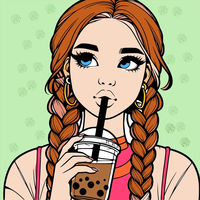 realistic girl with braided hair drinking boba