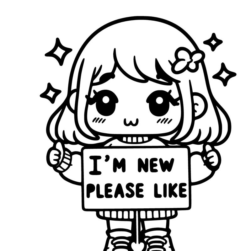 a cute girl holding a sign saying i’m new please like