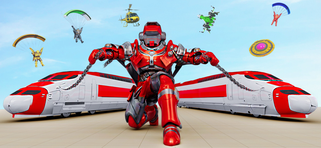 A powerful red robot kneeling between two bullet trains with flying jets and helicopters in the sky