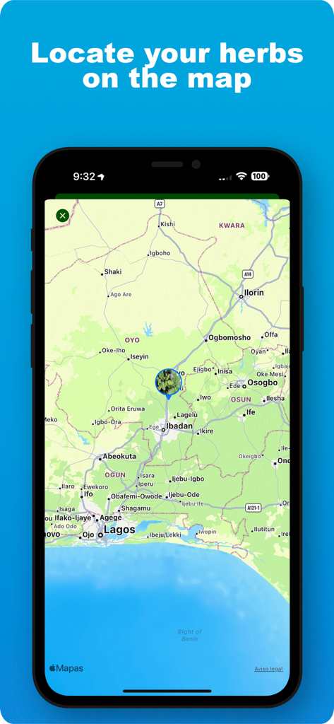 Mobile app screen showing a map of Nigeria with a plant icon pinpointing an herb location