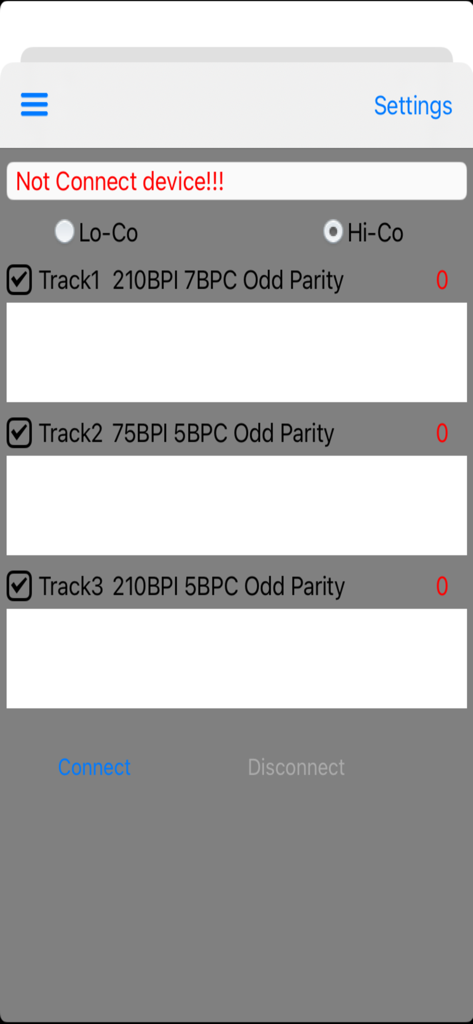 EasyMSR - EasyMSR mobile interface displaying track data fields for magnetic stripe card reading and writing