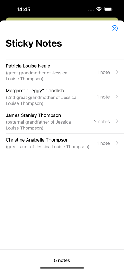 A list of sticky notes for relatives in the Family Tree Maker Connect app showing genealogy research and relationship notes.