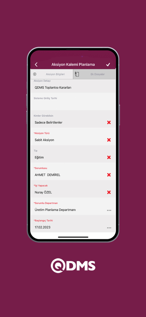 QDMS v2 - Bimser Çözüm - Die QDMS v2 mobile App zeigt einen Bildschirm zur Aktionsplanung mit Feldern für Aufgabendetails, zugewiesenes Personal und Abteilungsinformationen.